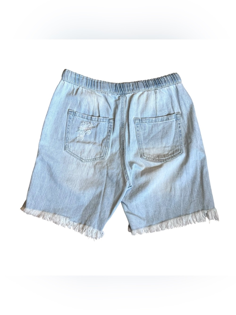 Risen Women’s Sz M High Rise Denim Shorts Light Wash Pull On Distressed - Picture 8 of 15